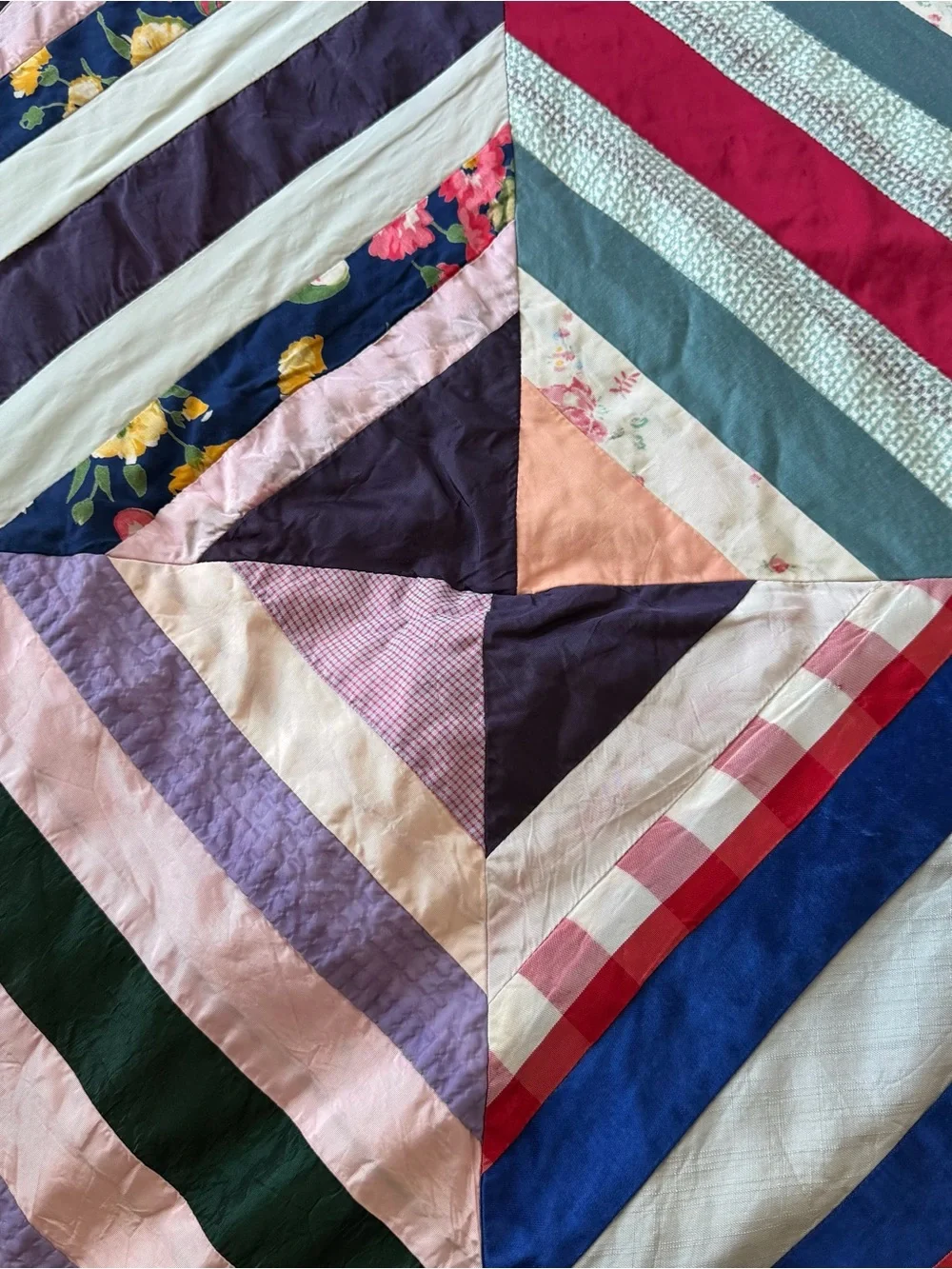 Vintage Handmade Satin String Quilt 62x96 Boho Patchwork Bed Throw